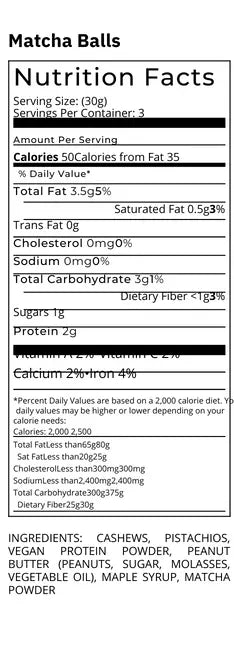 Matcha Bliss Bites Nutritional Panel