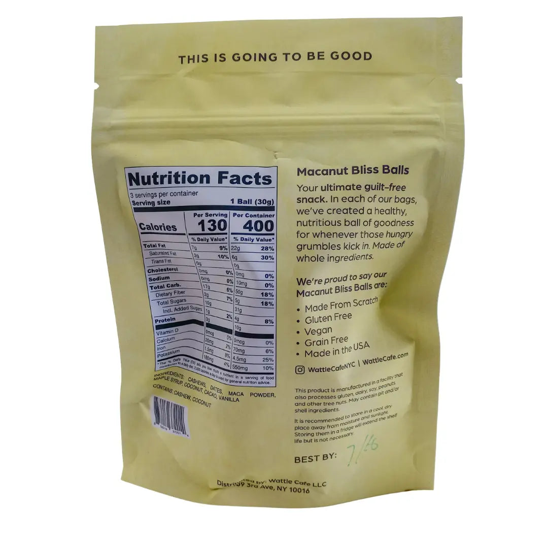 Macanut Bliss Ball Nutritional Label