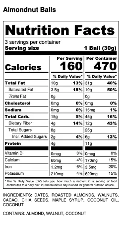 Wattle cafe Almondnut bliss balls Nutrition Facts 