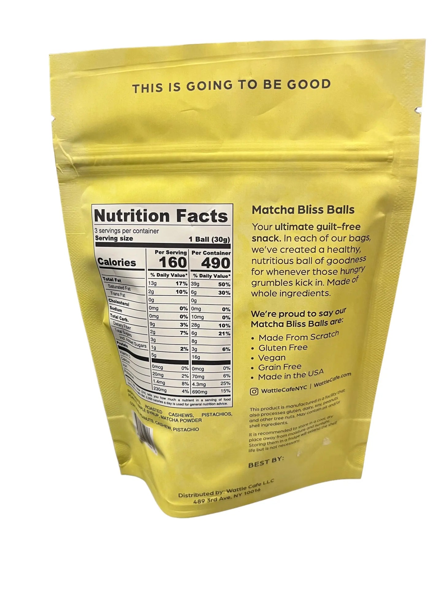 Matcha Bliss Bites back of Bag including nutritional panel